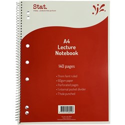  Stat Lecture Note Book Spiral A4 7mm Ruled 60gsm 140 Page Red 