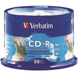  Verbatim Recordable CD-R 80Min 700MB 52X Inkjet Printable Pack Of 50 Silver 