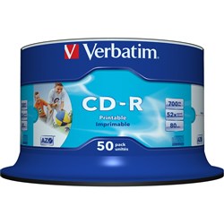 Verbatim Recordable CD-R 80Min 700MB 52X Inkjet Printable Pack Of 50 White 