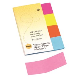  Marbig Page Markers 20 x 50mm Translucent Neon 40 Sheet Pads Pack Of 4 