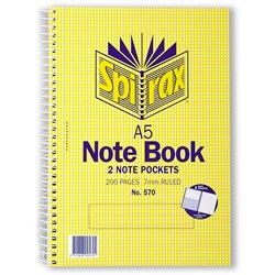  Spirax 570 Notebook Perforated With Note Pockets A5 Ruled 200 Page Side Opening 