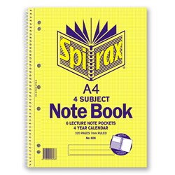  Spirax 606 4 Subject Notebook Perforated/Note Pockets A4 Ruled 320 Page Side Opening 