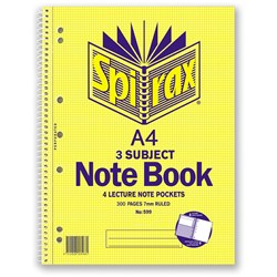  Spirax 599 3 Subject Notebook Perforated/Note Pockets A4 Ruled 300 Page Side Opening 