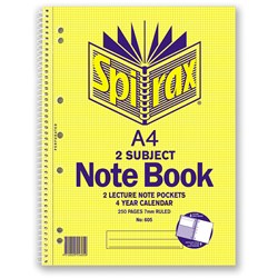 Spirax 605 2 Subject Notebook Perforated/Note Pockets A4 Ruled 250 Page Side Opening 