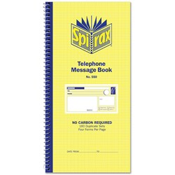  Spirax 550 Telephone Message Book Carbonless 4 Per Page 160 Duplicate Sets Side Opening 
