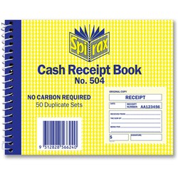  Spirax 504 Cash Receipt Book Carbonless 102 x 127mm 50 Duplicate Sets Side Opening 