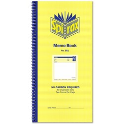  Spirax 551 Memo Book Carbonless 2 Per Page 80 Duplicate Sets Side Opening 