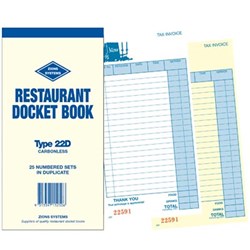  Zions 22D Restaurant Docket Book Carbonless Duplicate 200x100mm 50 Sets 