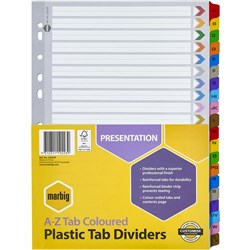  Marbig Plastic Indices & Dividers A4 Reinforced A-Z Tab Multi Colour 
