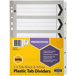  Marbig Plastic Indices & Dividers A4 Reinforced 1-5 Tab Black 