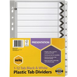  Marbig Plastic Indices & Dividers A4 Reinforced 1-12 Tab Black 