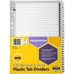  Marbig Plastic Indices & Dividers A4 Reinforced 1-31 Tab Black 
