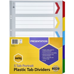  Marbig Plastic Indices & Dividers A3 Reinforced 5 Tab Portrait Multi Colour 
