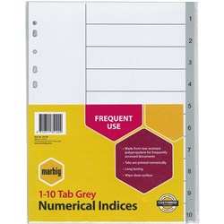  Marbig Plastic Indices & Dividers A4 Indices 1-10 Grey 0 