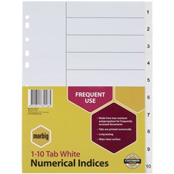  Marbig Plastic Indices & Dividers A4 Indices 1-10 White 