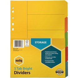  Marbig Manilla Indices & Dividers A4 5 Tab Bright Colours 