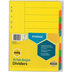  Marbig Manilla Indices & Dividers A4 10 Tab Bright Colours 