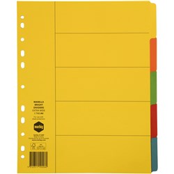  Marbig Manilla Indices & Dividers A4 Extra Wide 5 Tab Bright Colours 