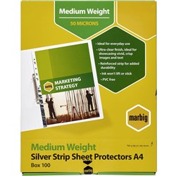  Marbig Sheet Protectors A4 Silver Strip Medium Weight Clear Box Of 100 