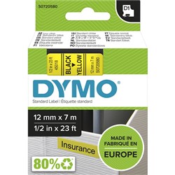  Dymo D1 Label Cassette Tape 12mmx7m Black on Yellow 