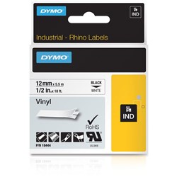  Dymo 18444 Rhino Industrial Labels 12mmx5.5m Vinyl Black on White 