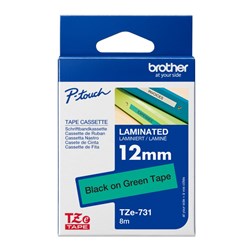BROTHER TZE731 PTOUCH TAPE 12MMx8M Black on Green Tape