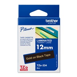 BROTHER TZE334 PTOUCH TAPE 12MMx8M Gold on Black Tape