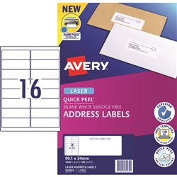  Avery Quick Peel Address Laser White L7162 99.1x34.2mm 16UP 1600 Labels 100 Sheets 