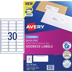  Avery Quick Peel Address Laser White L7158 64x26.7mm 30UP 3000 Labels 100 Sheets 
