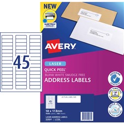  Avery Quick Peel Address Laser White L7156 58x17.8mm 45UP 4500 Labels 100 Sheets 