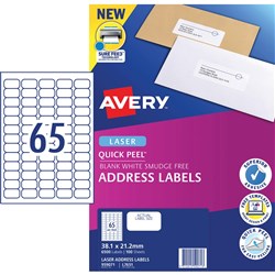  Avery Quick Peel Address Laser White L7651 38.1x21.2mm 65UP 6500 Labels 100 Sheets 