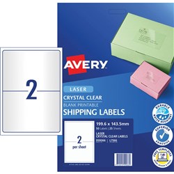  Avery Crystal Clear Laser Shipping Labels White L7566 199.6x143.5mm 2UP 50 Labels 
