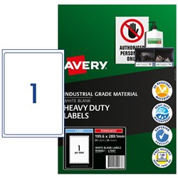  Avery Identification Laser Heavy Duty White L7067 199.6 x 289.1mm 1UP 25 Labels 