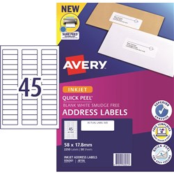 AVERY J8156 MAILING LABELS Inkjet 45/Sht 58x17.8  Address