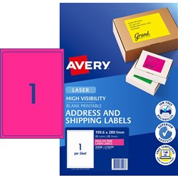  Avery High Visibility Shipping Laser Labels Pink L7167FP 199.6x289.1mm 1UP 25 Labels 