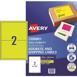  Avery High Visibility Shipping Laser Labels Yellow L7168FY 199.6x143.5mm 2UP 20 Labels 