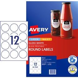  Avery Blank Printable Labels L7105 60mm Round Gloss White 12UP 120 Labels 10 Sheets 