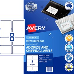  Avery Weatherproof Address & Shipping Laser White L7070 99.1x67.7mm 8UP 80 Labels 