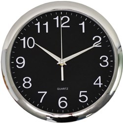  Italplast Wall Clock 30cm Round With Large Numbers Chrome Frame Black Face 