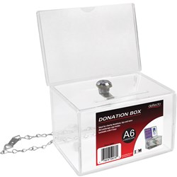  Deflecto Donation Box Lockable With A6 Landscape Header Card Clear Acrylic 