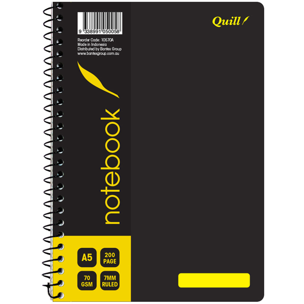 Quill Notebook 70GSM PP A5 Black 200 Pages PACK OF 5
