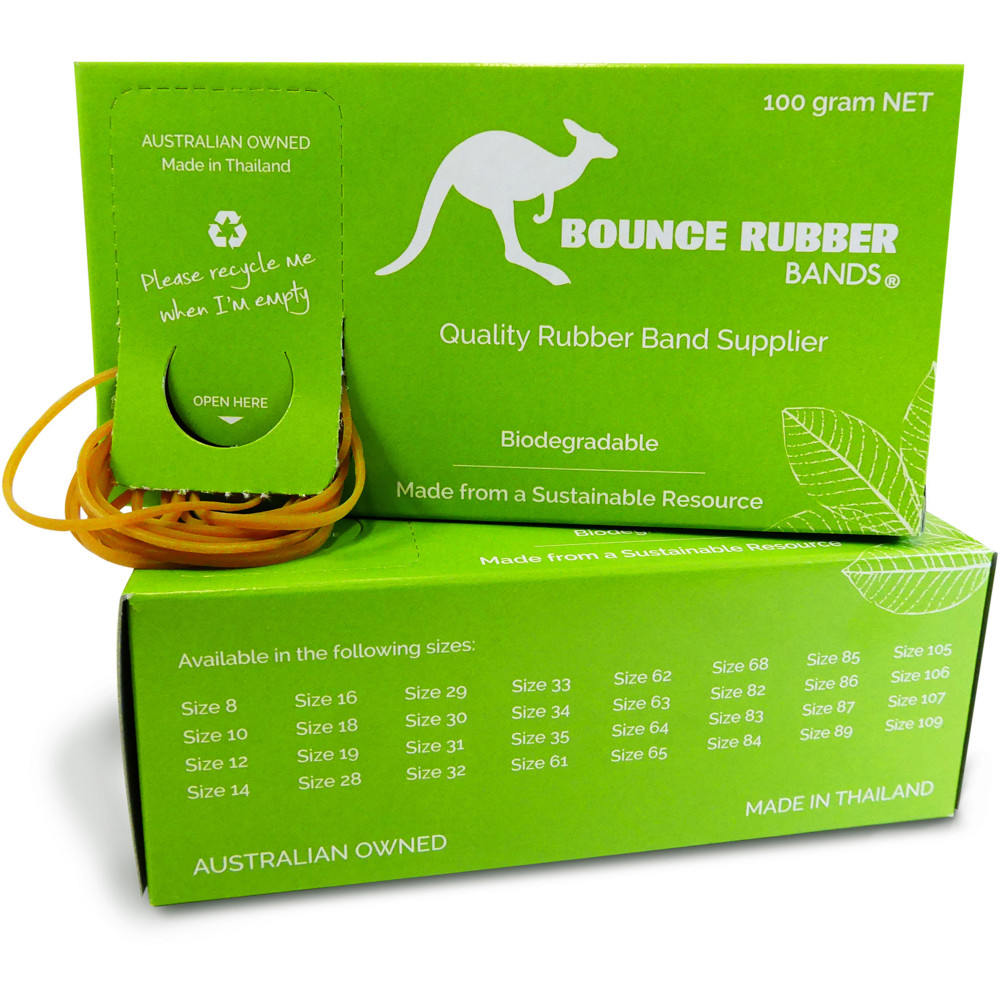 BOUNCE RUBBER BANDS® ASSORTED SIZES AND COLOURS 100GM BOX