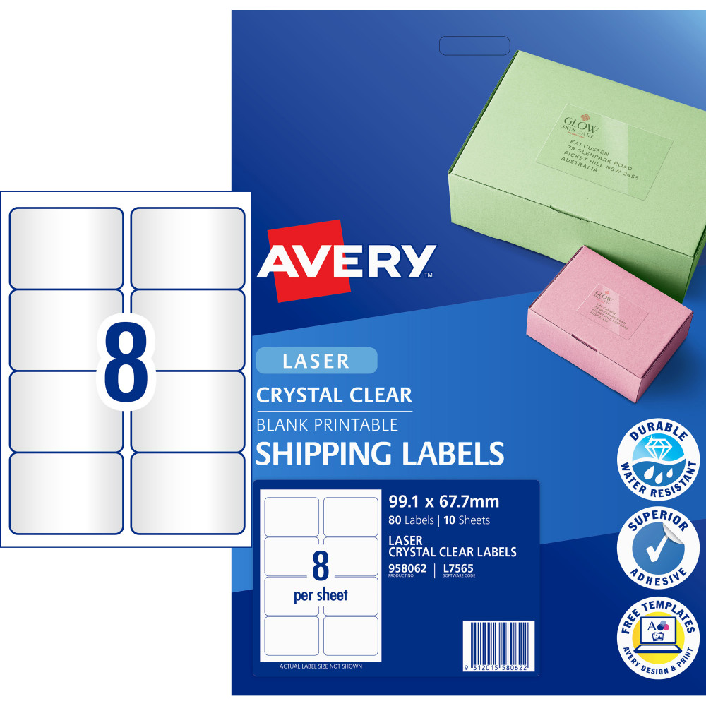 Avery Crystal Clear Laser Address Label 8UP 99.1x67.7mm Pack of 10