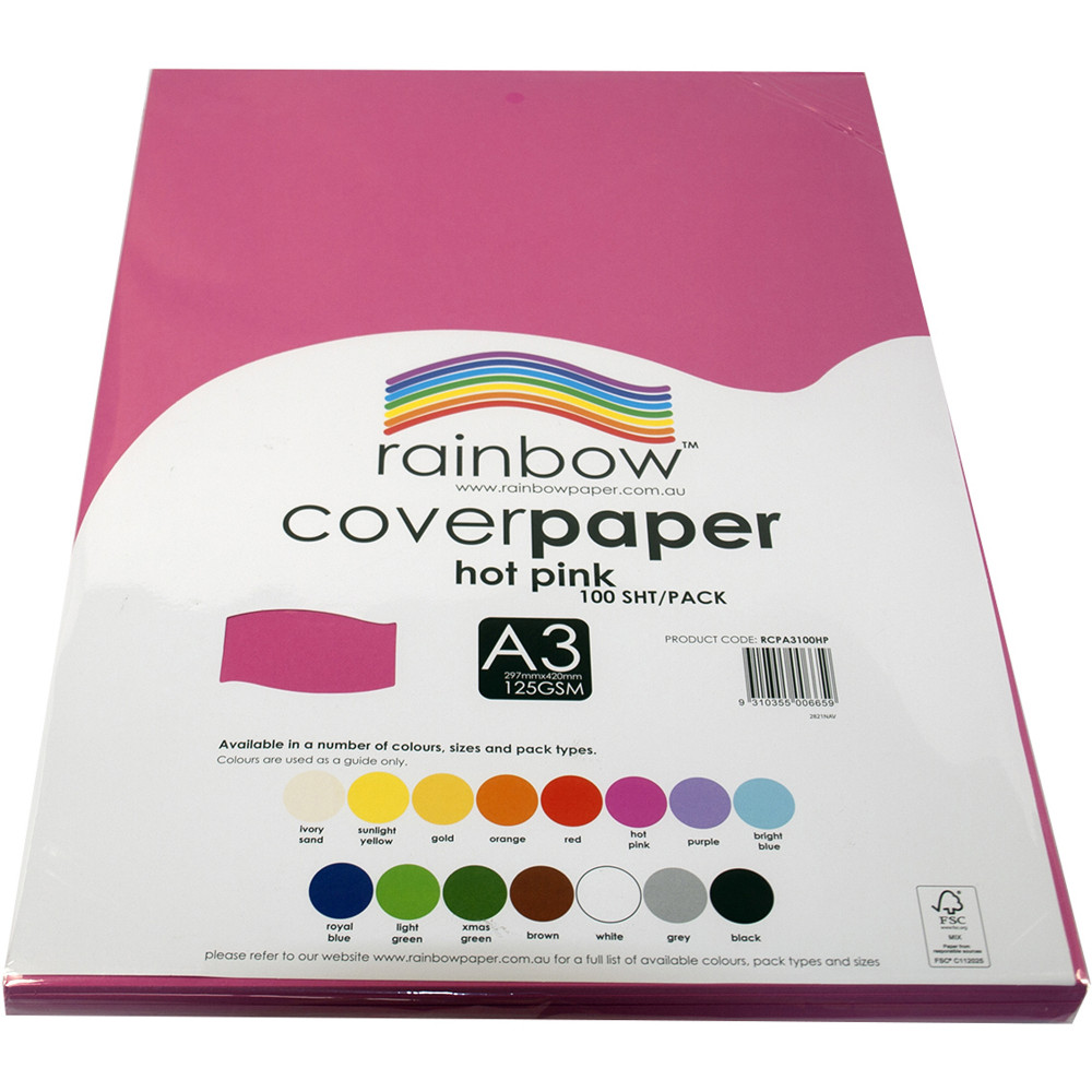 Rainbow Cover Paper A3 125gsm Hot Pink 100 Sheets