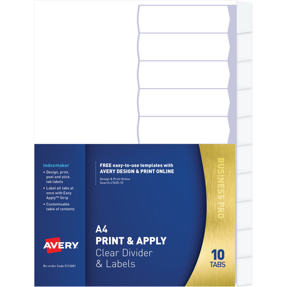 Avery L7410-5 Print & Apply Label Dividers A4 5 Tabs Clear
