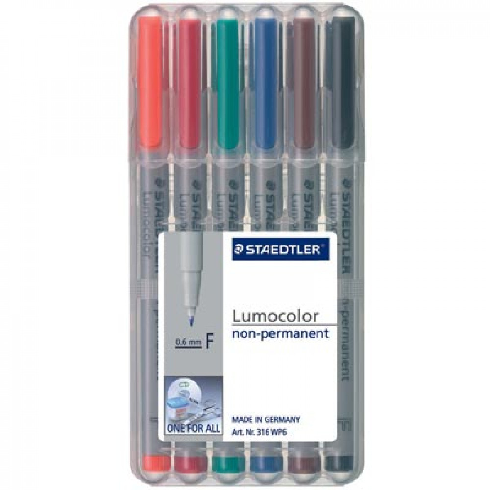 STAEDTLER 316 LUMOCOLOR PENS Non-Perm Fine 0.6mm Wlt6
