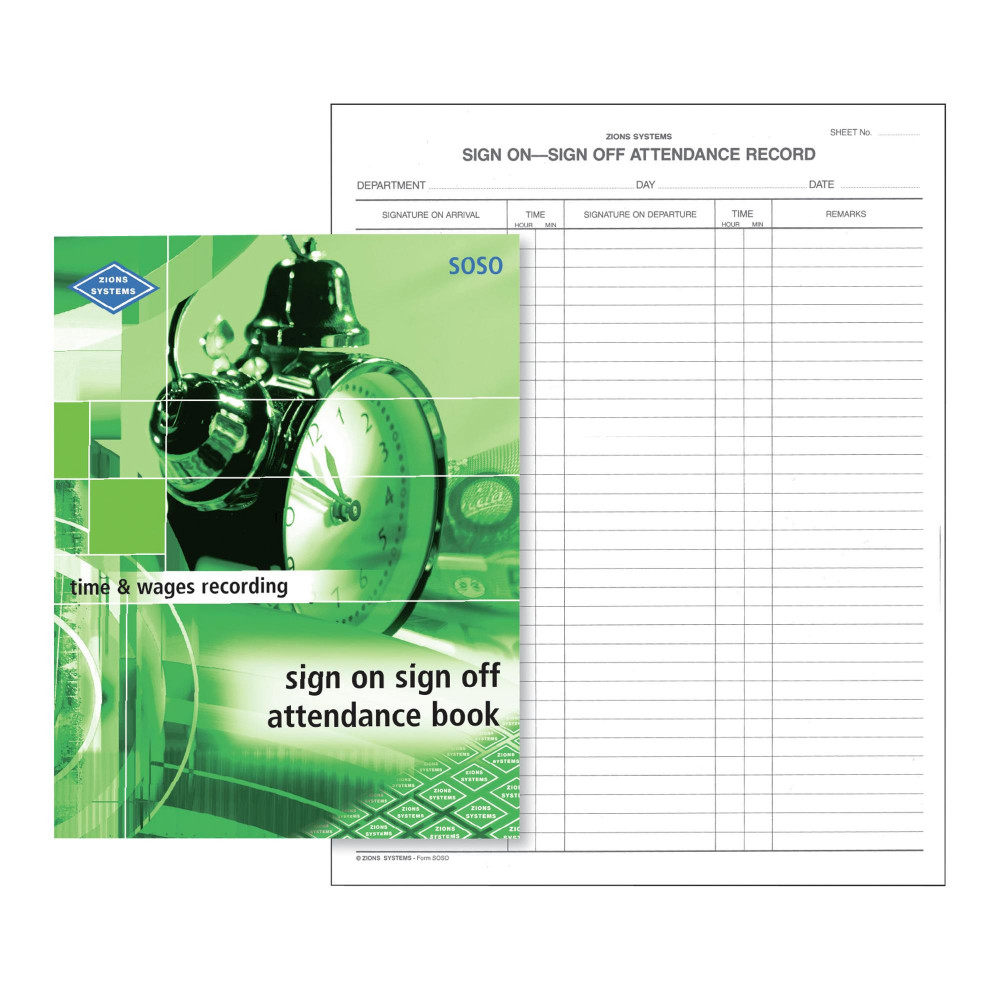 ZIONS SOSO ATTENDANCE BOOK Sign On Sign Off 260X200mm