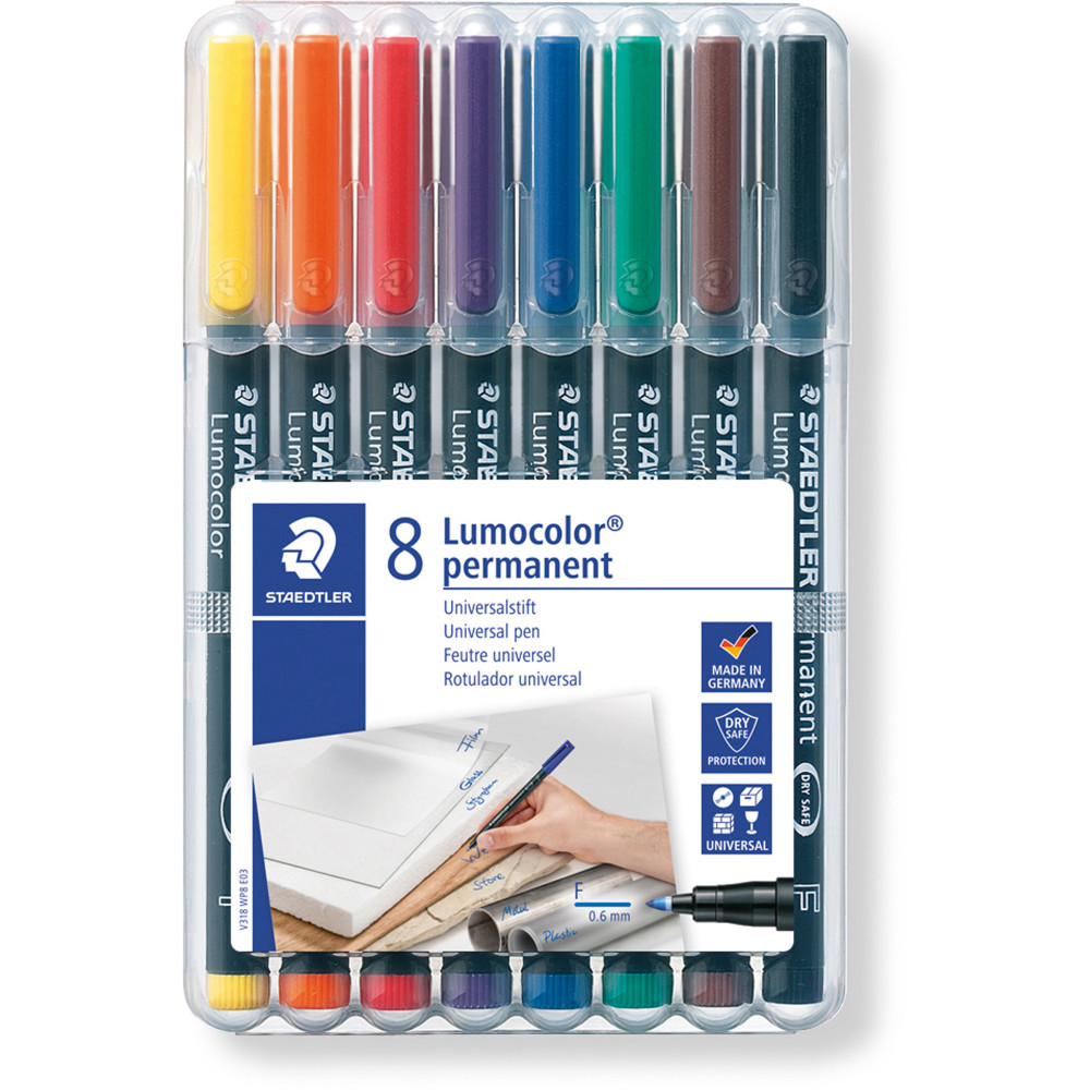 STAEDTLER 318 LUMOCOLOR PENS Perm Fine 0.6mm Wlt8 Assort