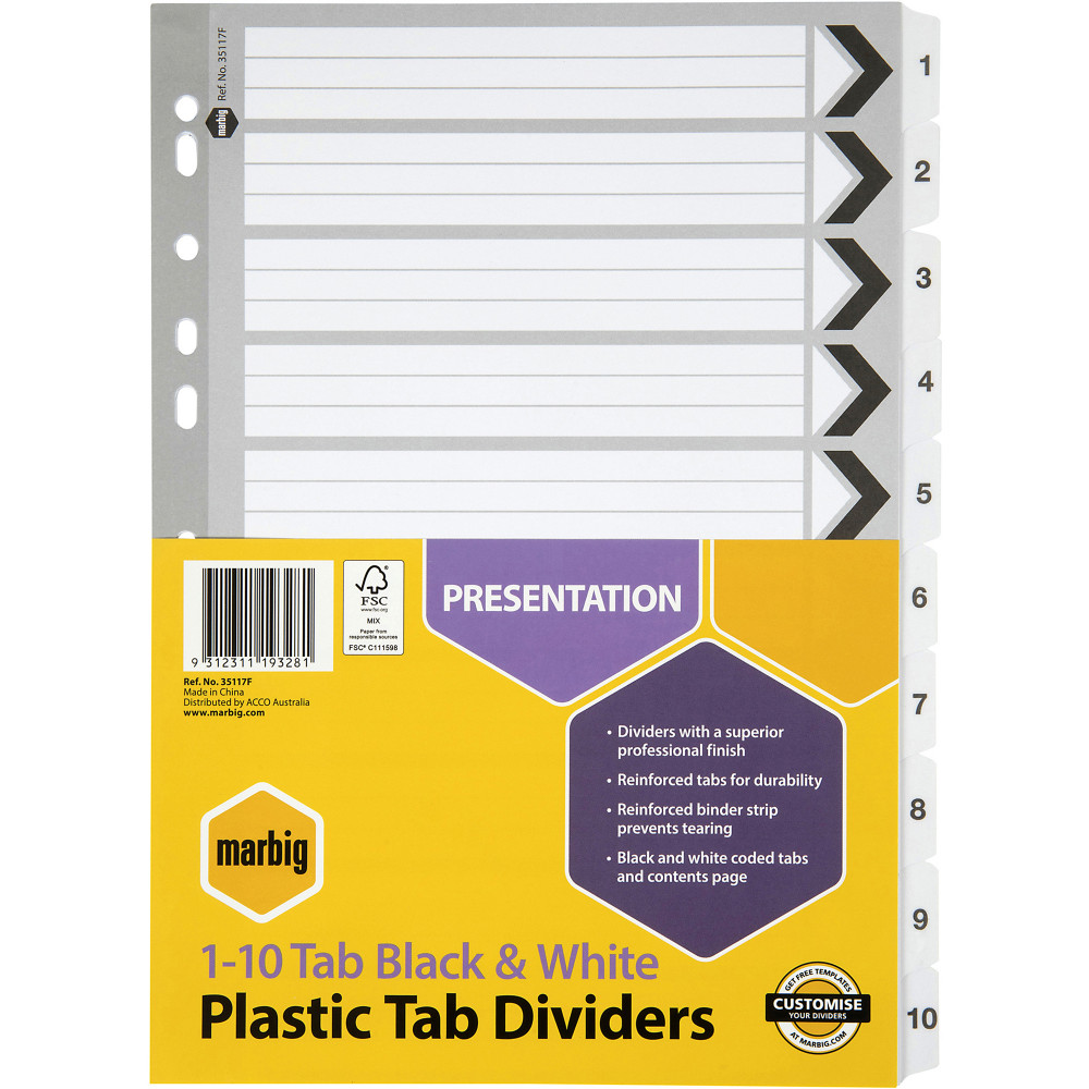 MARBIG BLACK & WHITE DIVIDERS A4 1-10 Reinf Tab Board