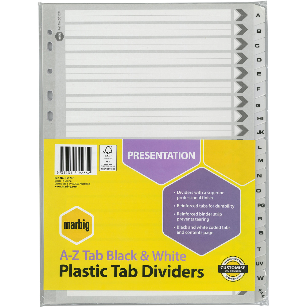 MARBIG BLACK & WHITE DIVIDERS A4 A-Z Reinf Tab Board